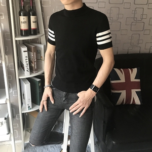 秋冬款潮流社会小伙韩版简约港风修身短袖毛衣男士中高领线衣半袖