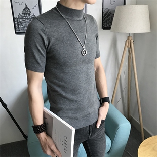 秋冬短袖中高领毛衣男修身针织纯色t恤半袖打底衫潮夏季冰丝线衣