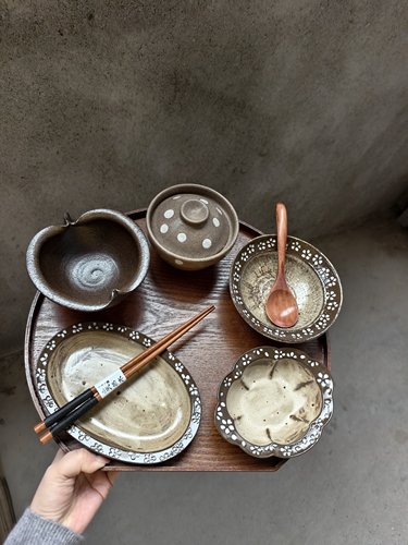 侘寂氛围感一人食餐具 粉引手作苹果碗波点炖盅花花系列混搭