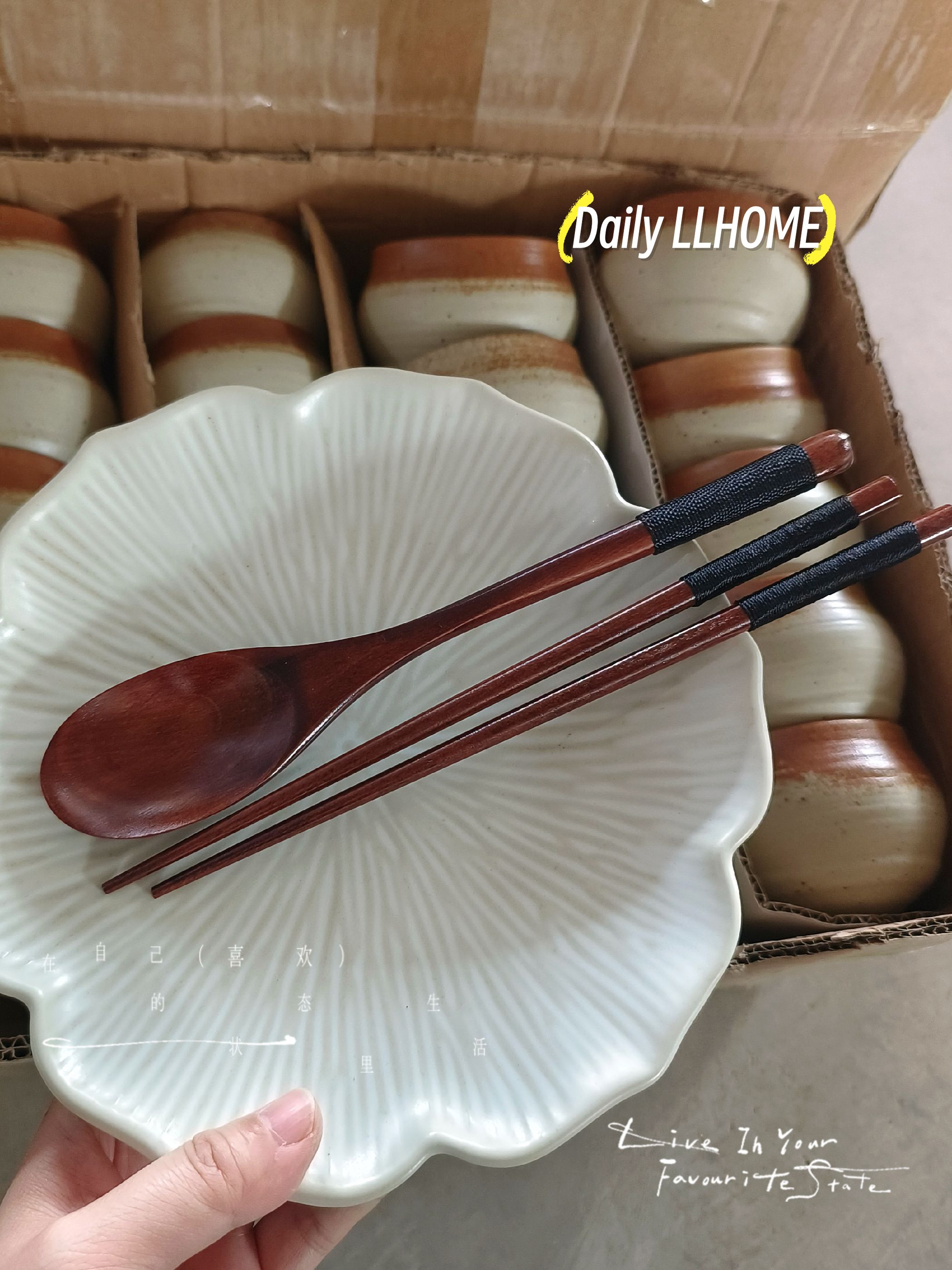 实用款黑绳款木制勺筷套装 筷子勺子