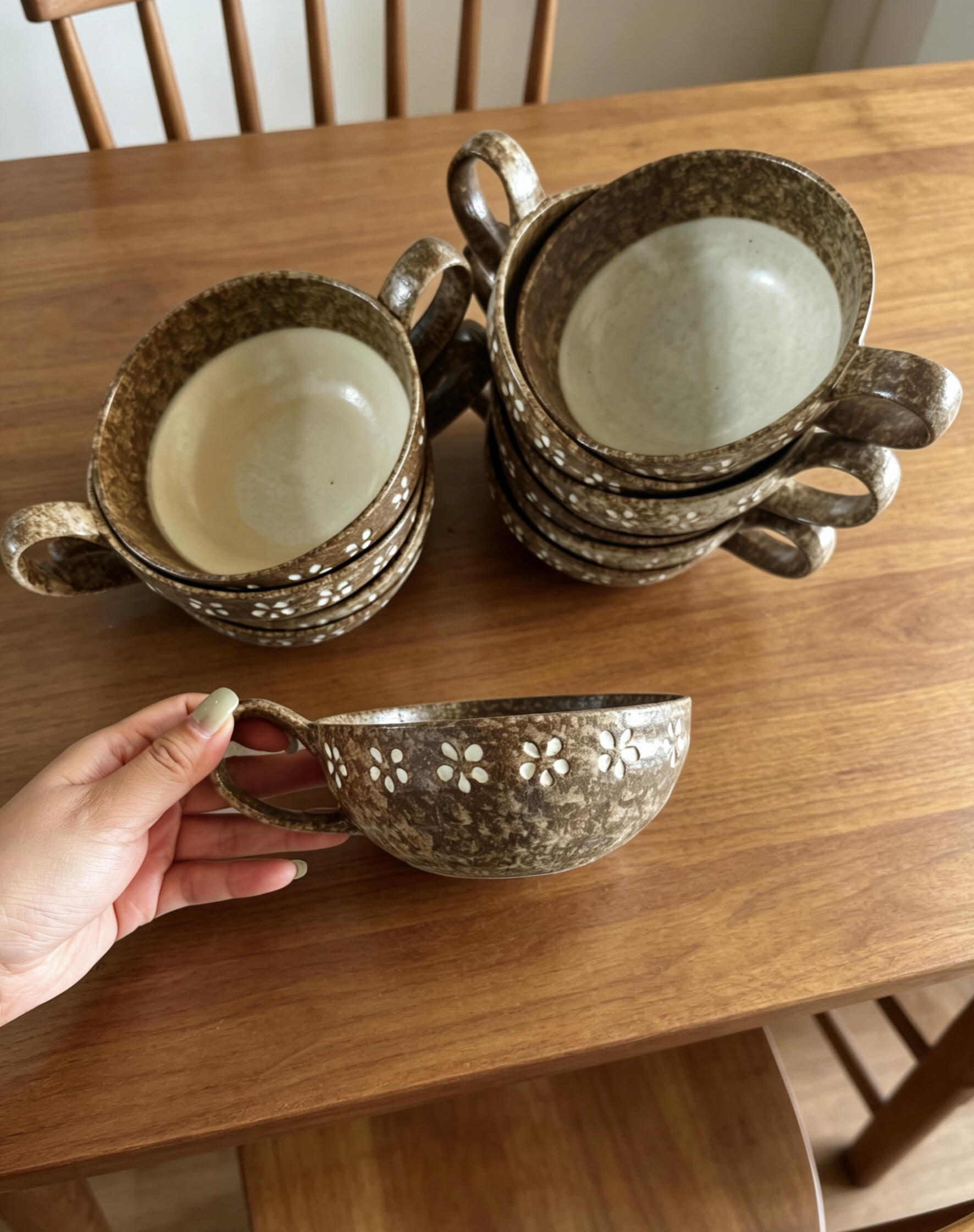 LLHOME新品手工复古粗陶花花碗麦片碗酸奶碗把手碗米饭碗甜品碗