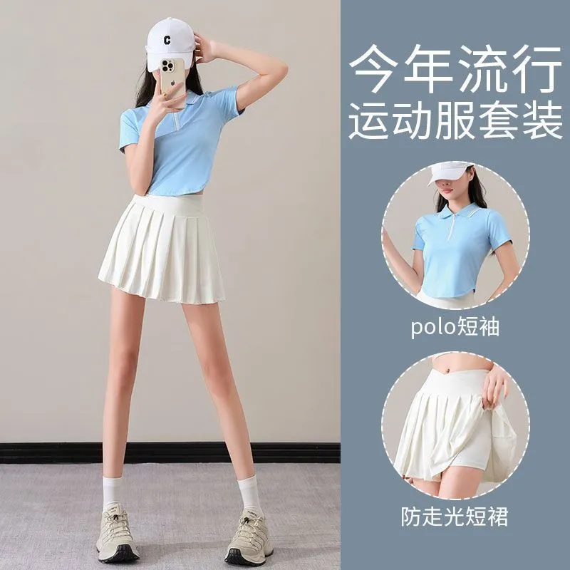 高级感女羽毛球健身衣运动套速干短裙半身百褶白裙子老钱风网球服