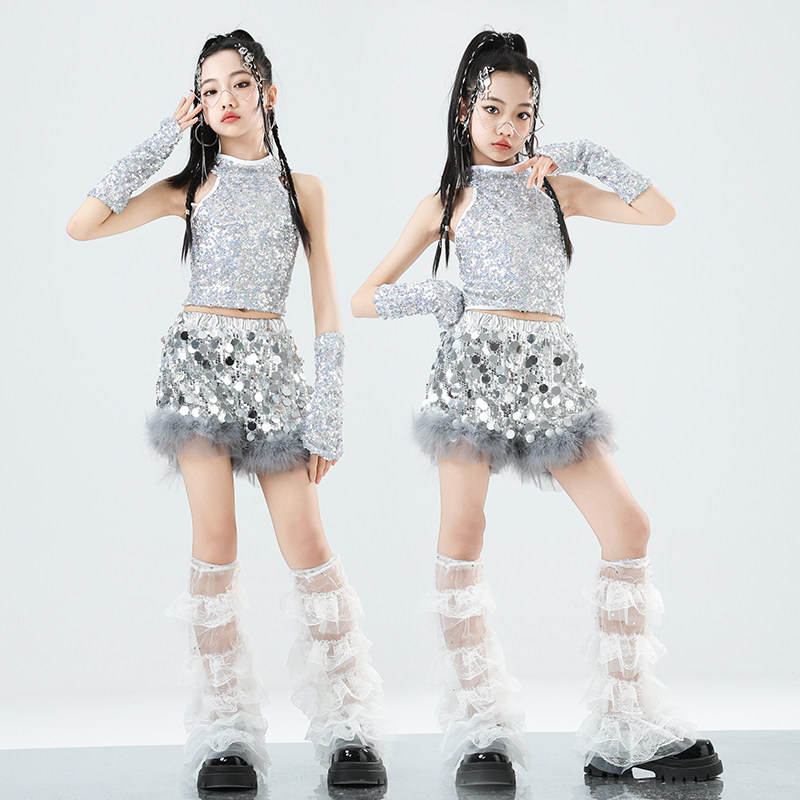 儿童爵士舞服装泫雅风kpop女童舞蹈打歌服亮片T台走秀潮表演出服