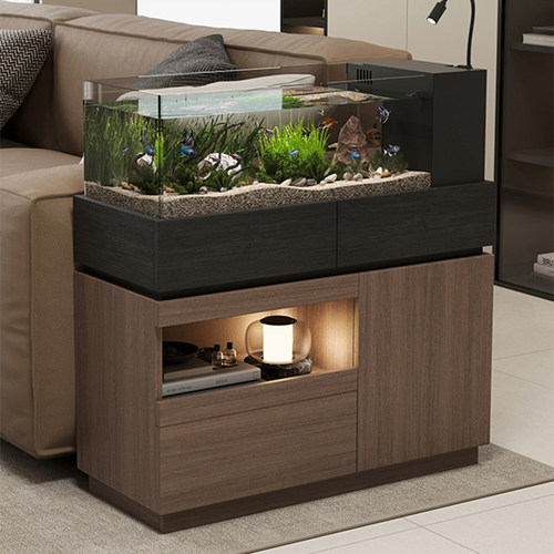 实木胡桃木色储物鱼缸柜