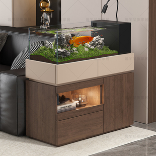 实木鱼缸柜胡桃木色收纳茶水柜储物简约家用客厅沙发多功能侧边柜