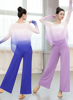 现代舞蹈服装女套装新款古典舞时尚古风练功服宽松飘逸网纱上衣长