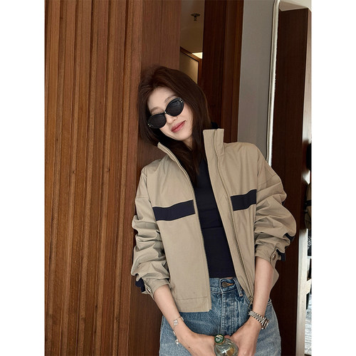 SUN YUYING ly立领卡其撞色深蓝外套短款宽松遮肉休闲
