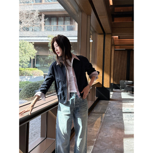 休闲宽松遮肉设计感外套 深蓝色拼接条纹系列短款 SUN YUYING