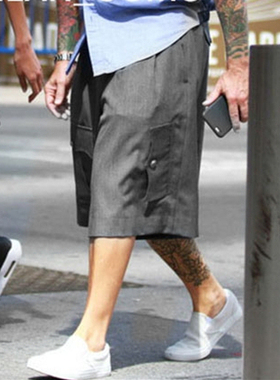 夏季潮款工装口袋阔腿五分西装短裤nick wooster同款深灰色大短裤