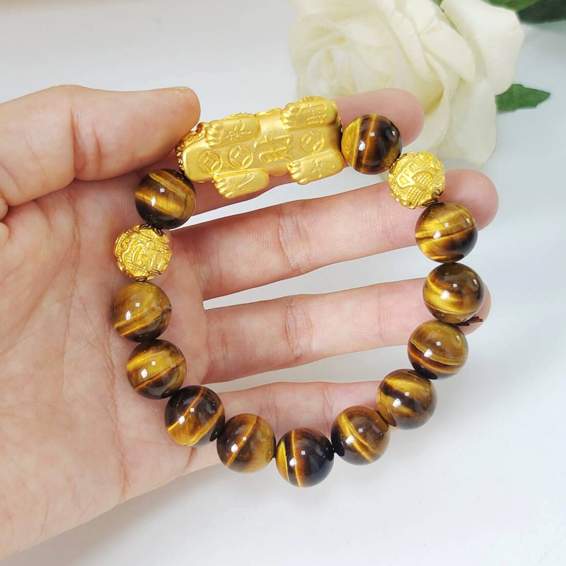 5G金包银貔貅手链999足黄包金皮丘黑曜石虎眼石转运珠手串潮男款
