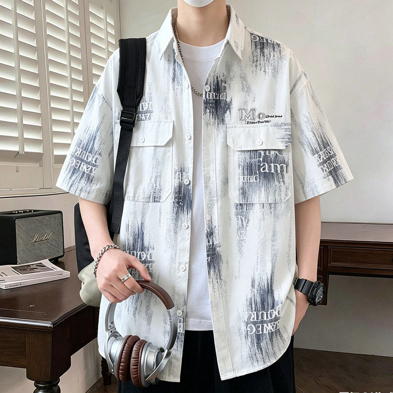 新款夏季短袖衬衫青年男宽松中袖五分袖短袖印花衬衫外套