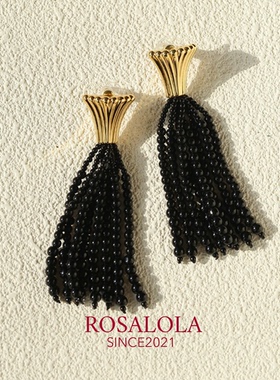 ROSALOLA 黑玛瑙长流苏·时尚复古老钱风耳环·LOLA系列 122601