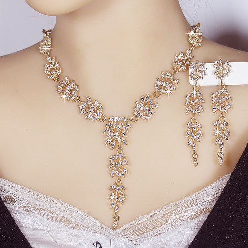 金色树叶流苏项链套装复古小众设计锁骨链轻首饰镶钻婚纱礼服饰品
