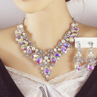 欧美夸张水晶珍珠宝石项链耳环套装新娘宴会女配饰品舞台超闪装饰