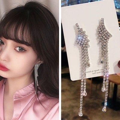 925银针日韩国新款网红长款流苏耳坠时尚奢华超闪水钻耳环耳饰女