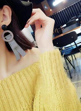 韩国格子布艺长款吊坠耳饰品