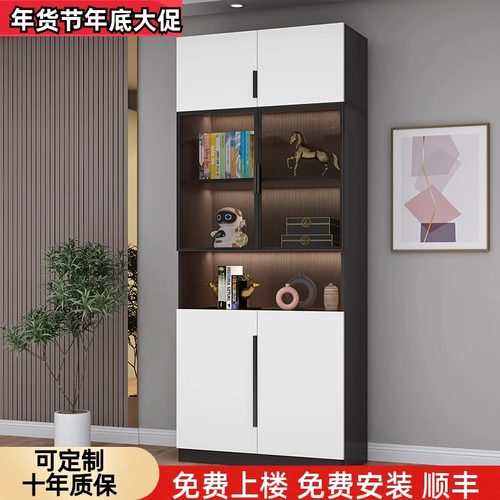 定制书柜一体靠墙带玻璃门