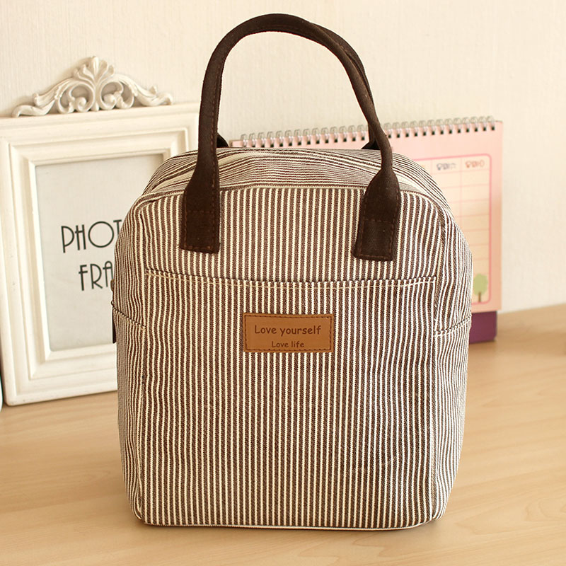 优质帆布 条纹长行 拉链 保温饭盒包 便当包 手提小包 小拎包