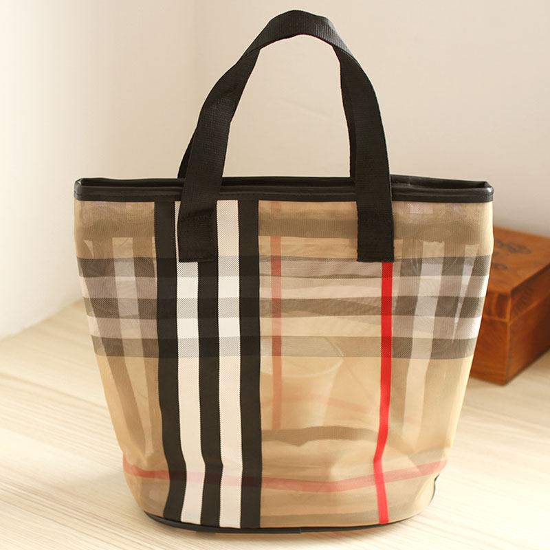 韩版经典格纹手提洗漱包 沙滩沐浴包透明化妆包 妈咪包便携手提包