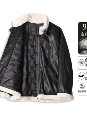82561冬季女夹克复古轻熟风皮衣毛领立领白鸭绒保暖皮衣蓄热圆领
