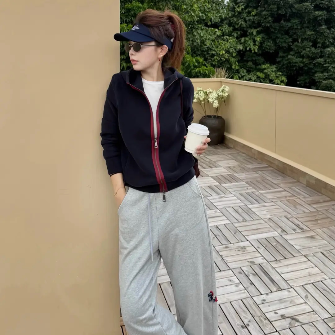 【小雨姐在这里】M家定制面料秋季撞色双拉链连帽卫衣外套女W7026图片