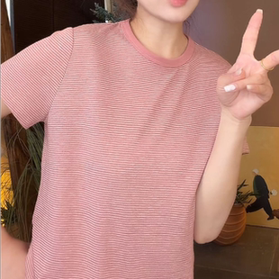 日系慵懒休闲夏季透气细条纹短袖T恤女T9284