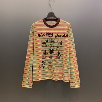 童趣搞怪卡通小米奇印花撞色植绒字母彩虹条纹长袖T恤女 T8923