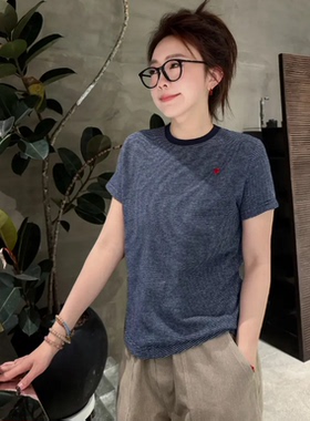 夏季100%纯棉休闲细条纹复古爱心刺绣短袖T恤女T8420