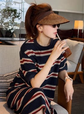 纯棉藏青复古条纹圆领五分袖宽松直筒长款懒人T恤连衣裙女 Q225