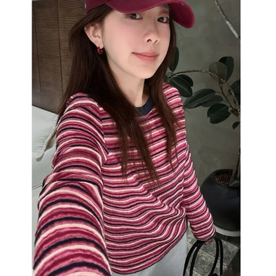 凹凸立体撞色百搭色织条纹长袖T恤女T8813