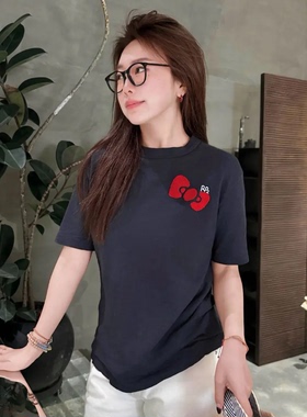 100%纯棉蓝调黑灰童趣卡通蝴蝶结KT猫印花圆领短袖T恤女 T8744