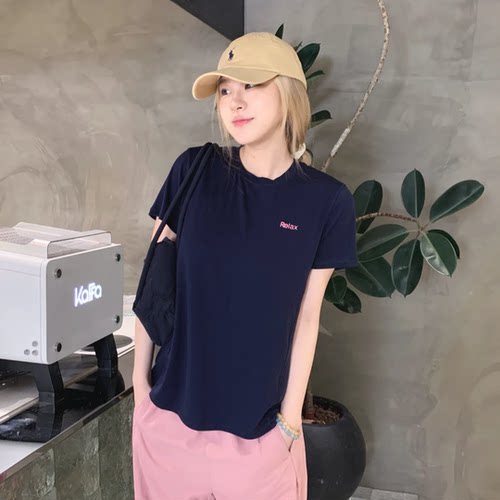 天丝羊毛休闲宽松圆领Relax字母印花透气短袖T恤女T9115