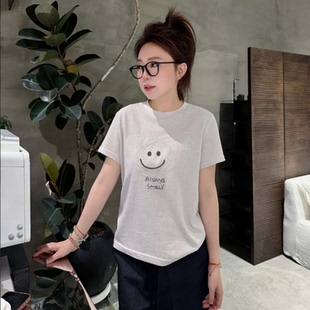 100%纯棉简约百搭日常笑脸刺绣字母短袖 T恤女T8990
