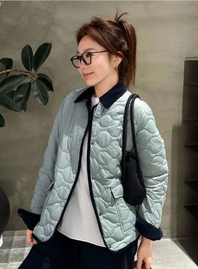 高级显白“蒂芙尼蓝”葫芦格绗棉翻领夹克外套女 W7070