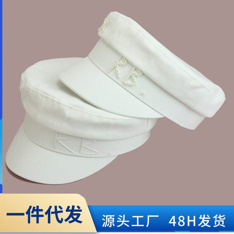 秋冬新款棉质字母RB珍珠刺绣平顶海军帽韩版时尚鸭舌帽报童帽子女