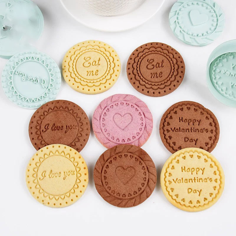 情侣圆形花纹猫咪英文饼干模具曲奇翻糖弹簧式按压家用烘焙模具