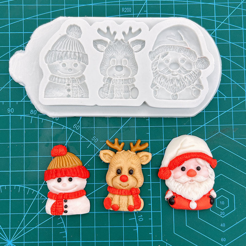 三连圣诞老人麋鹿圣诞雪人雪花硅胶模具翻糖蛋糕甜点巧克力干佩斯