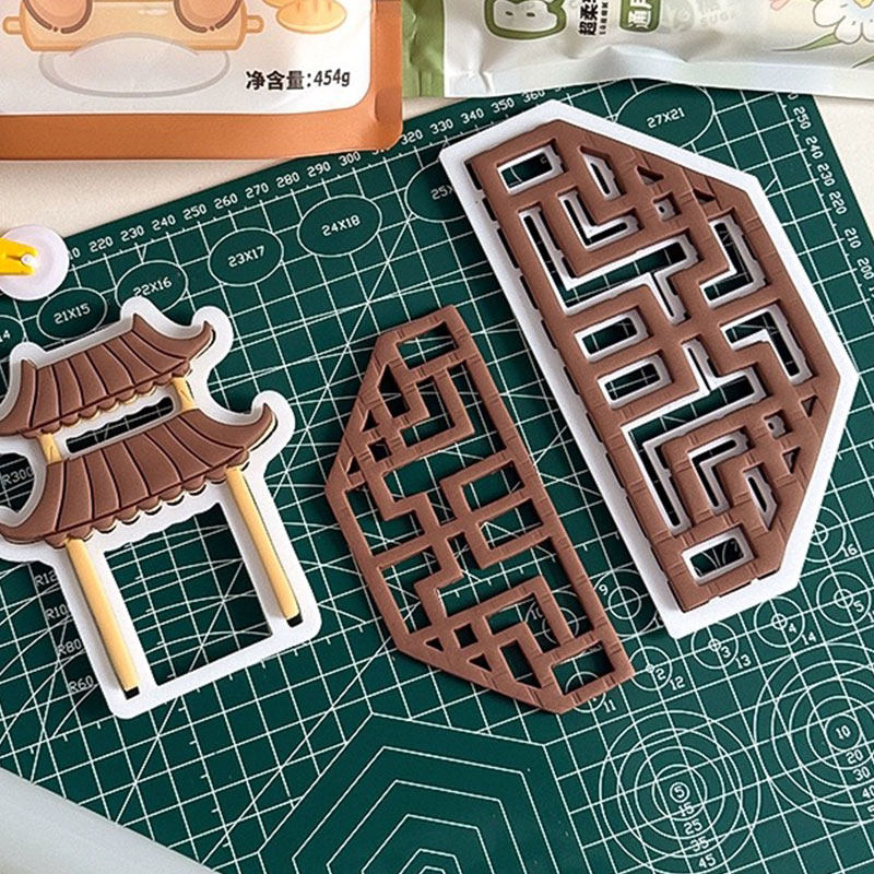 屏风翻糖切模中式国风亭子建筑祝寿生日蛋糕装饰烘焙工具塑料压模