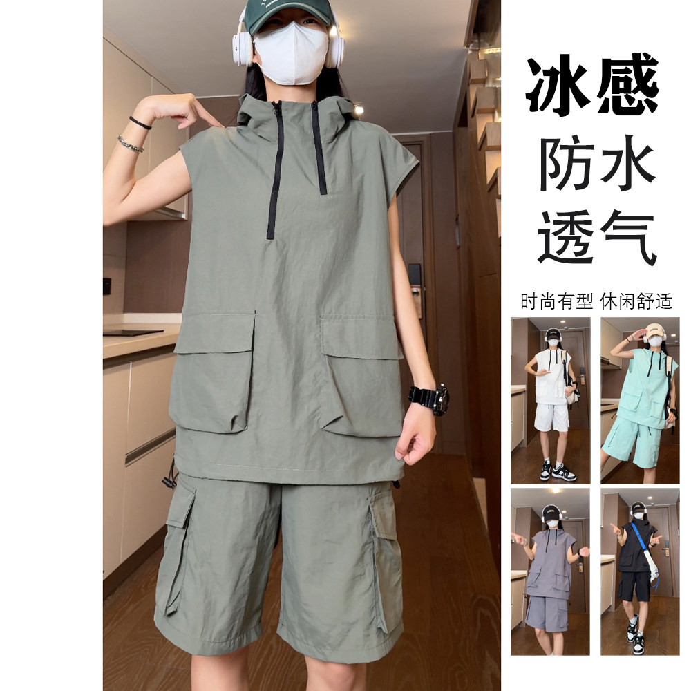 两件套装女大码日系港风冰丝凉感多拉链短袖上衣宽松工装短裤套装