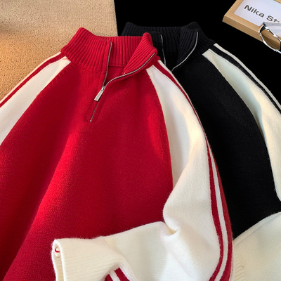 半拉链立领毛衣女BF港风潮牌oversize大码学生宽松套头针织衫上衣