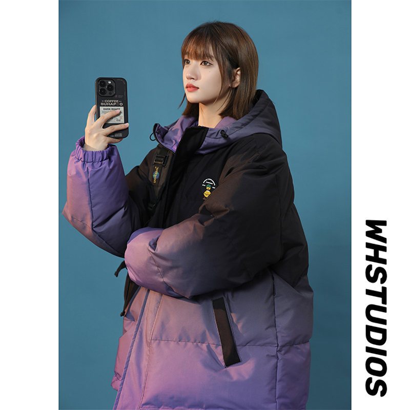 渐变色羽绒棉服女连帽大码宽松