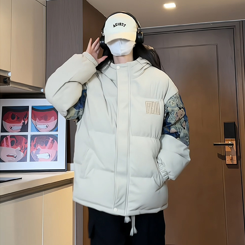 羽绒棉服女冬装大码刺绣拼接小熊棉袄外套宽松胖mm200斤保暖棉衣