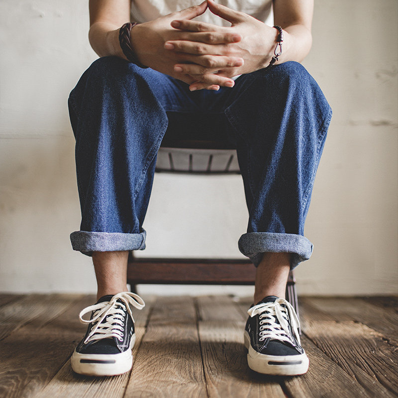 马登开口笑帆布鞋冈山久留米男士春季新透气鞋黑色休闲鞋平底板鞋