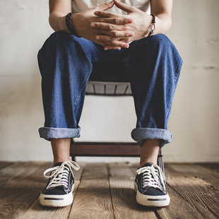 马登开口笑帆布鞋冈山久留米男士秋冬新透气鞋黑色休闲鞋平底板鞋