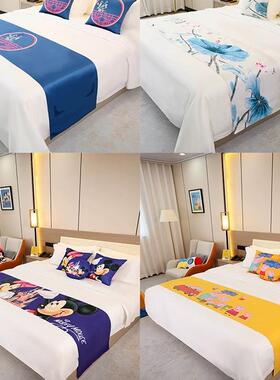 酒店民宿床旗设计定制绒布美容养生床尾巾彩印抱枕定制logo成品