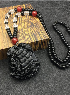 精雕磨砂一帆风顺黑曜石吊坠项链