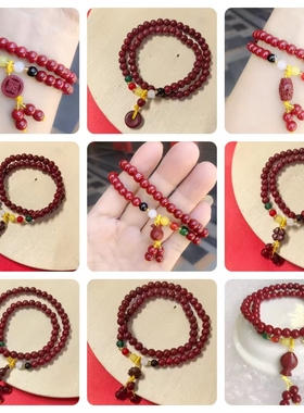 双圈普通含量朱砂手串女貔貅平安扣四叶过年饰品项链两用多圈手链