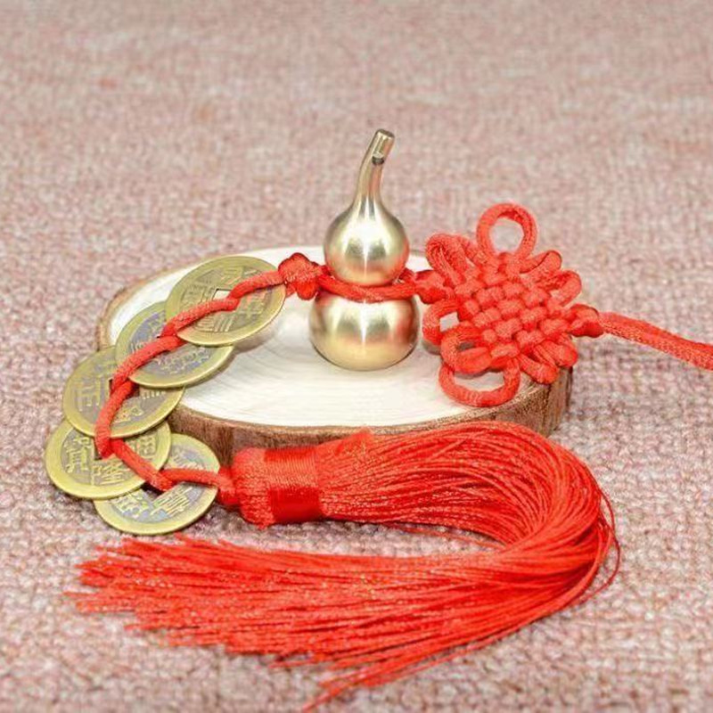 汽车挂件铜葫芦纯铜五帝钱真黄铜车载吊坠中国结红色车内装饰品