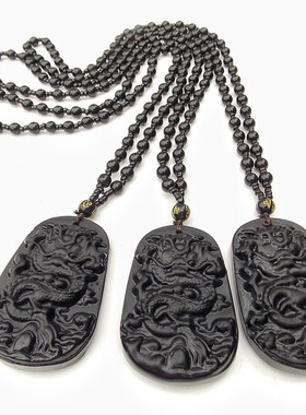 新款春夏秋冬长款毛衣链仿黑曜石龙图腾凤复古男女项链龙牌玉佩链