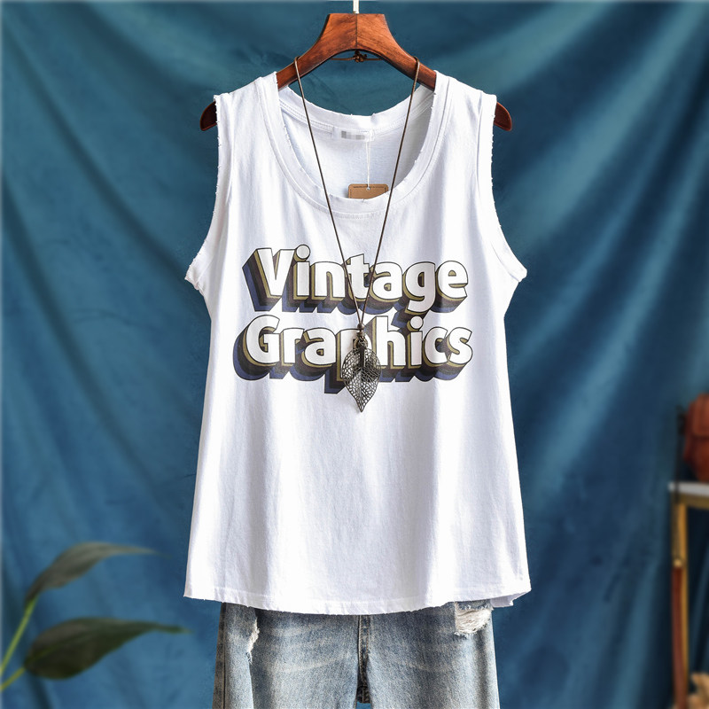 纯棉宽松字母印花背心女外穿潮夏季打底吊带大码无袖t恤运动上衣